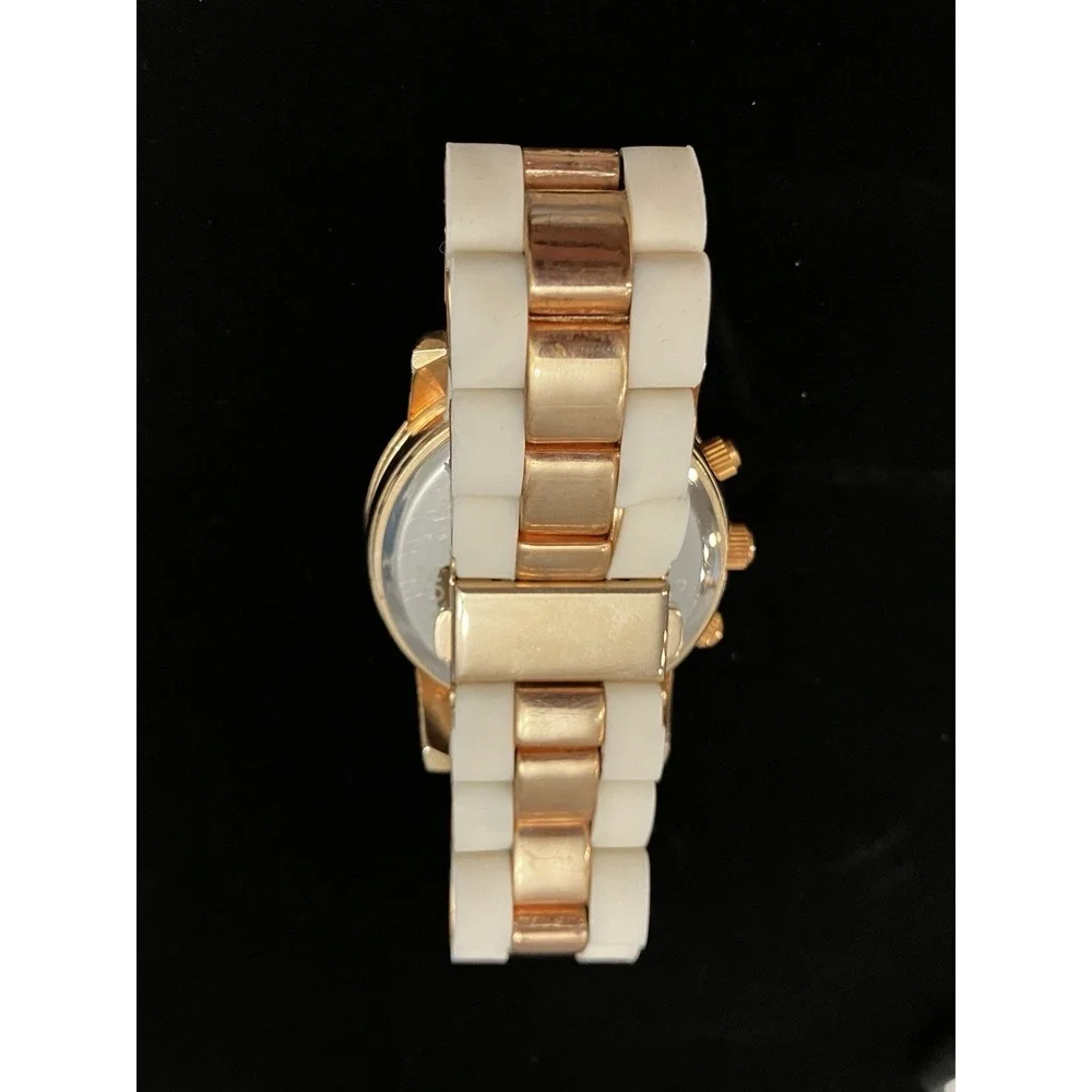 Charming Charlie Womens Rhinestone Rose Gold White Acrylic Band Watch Works